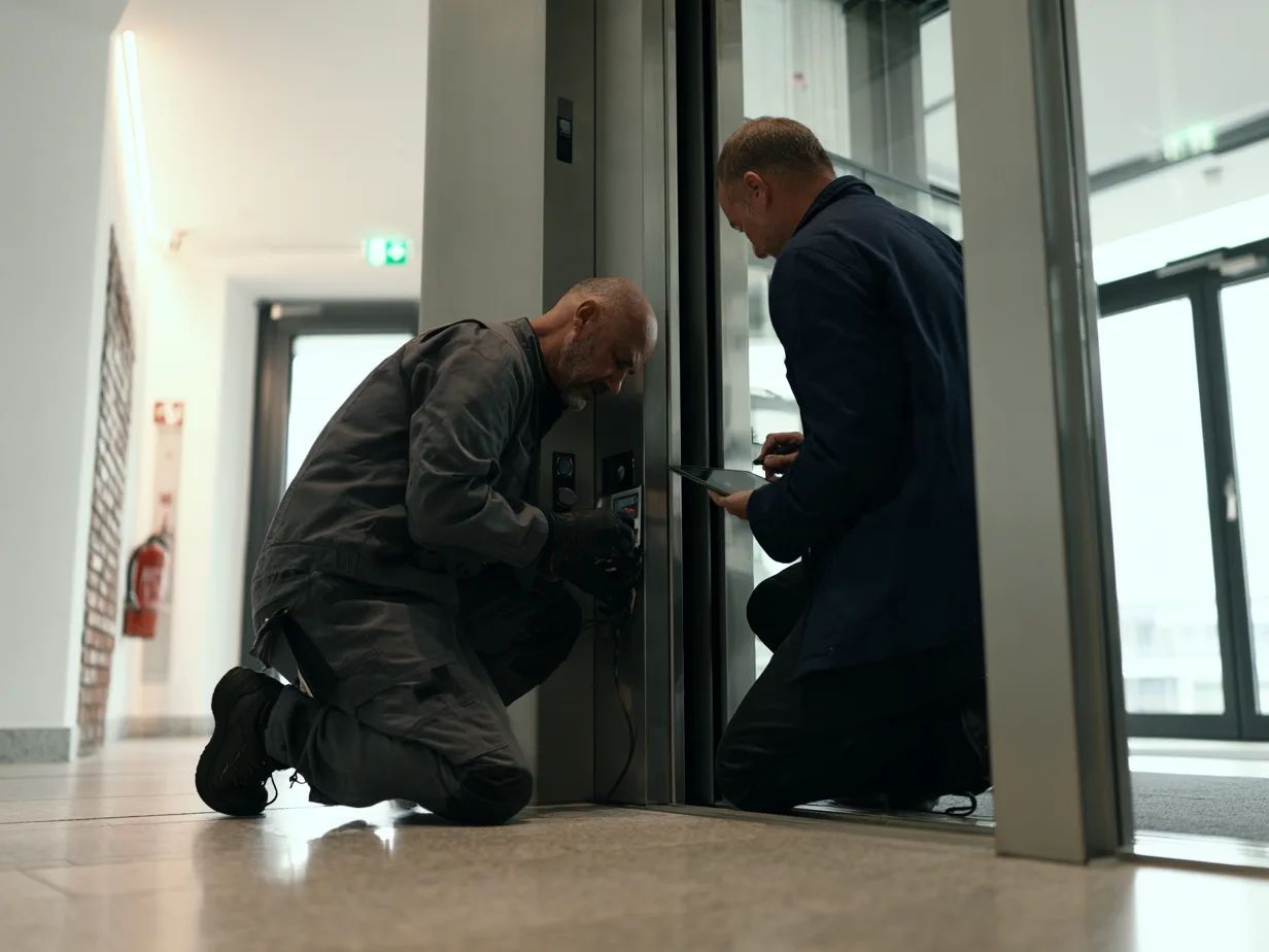 Aufzugmonteur prüft im Foyer eines Geschäftshauses die Aufzugtür, der Verwalter dokumentiert die Prüfung auf dem Tablet