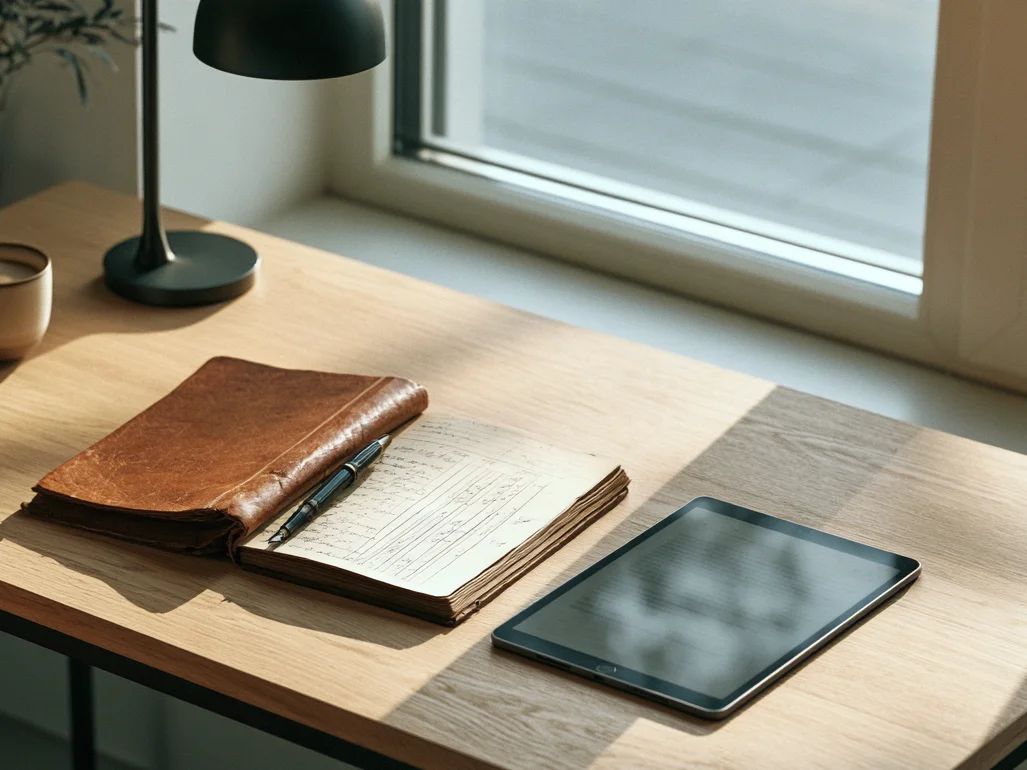 Altes Kontorbuch mit Füllfederhalter neben einem Tablet auf einem modernen Schreibtisch