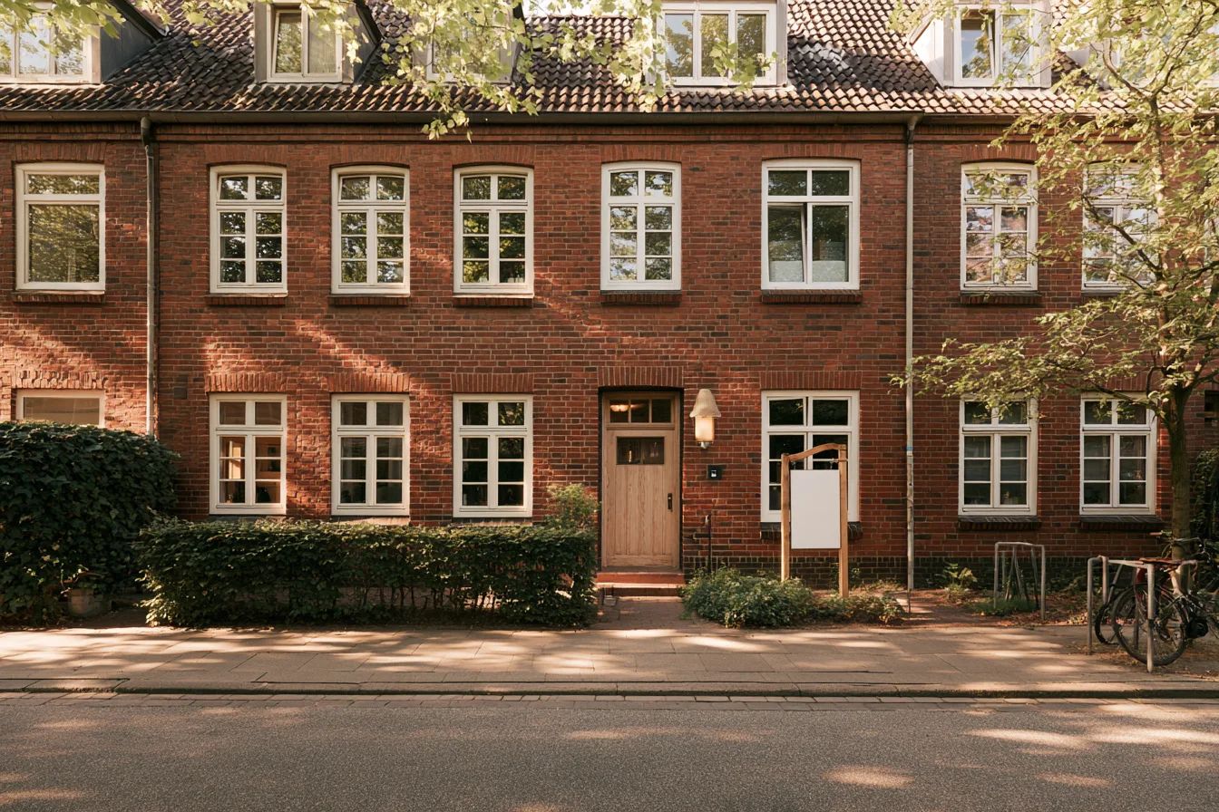 Gepflegtes Hamburger Klinker-Reihenhaus mit heller Holztür und Maklerschild im Vorgarten