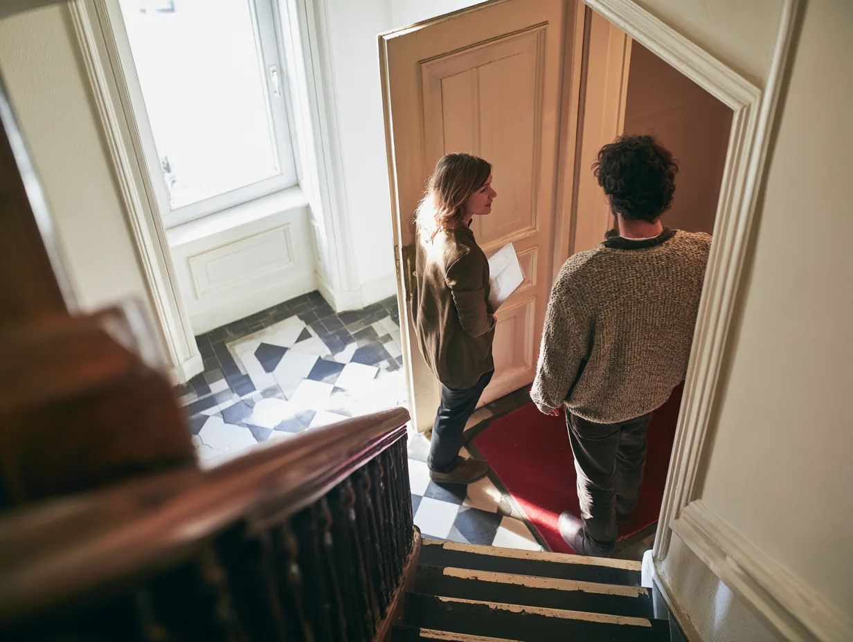 Verwalterin im Gespräch mit einem Mieter an der Wohnungstür in einem Hamburger Altbau-Treppenhaus