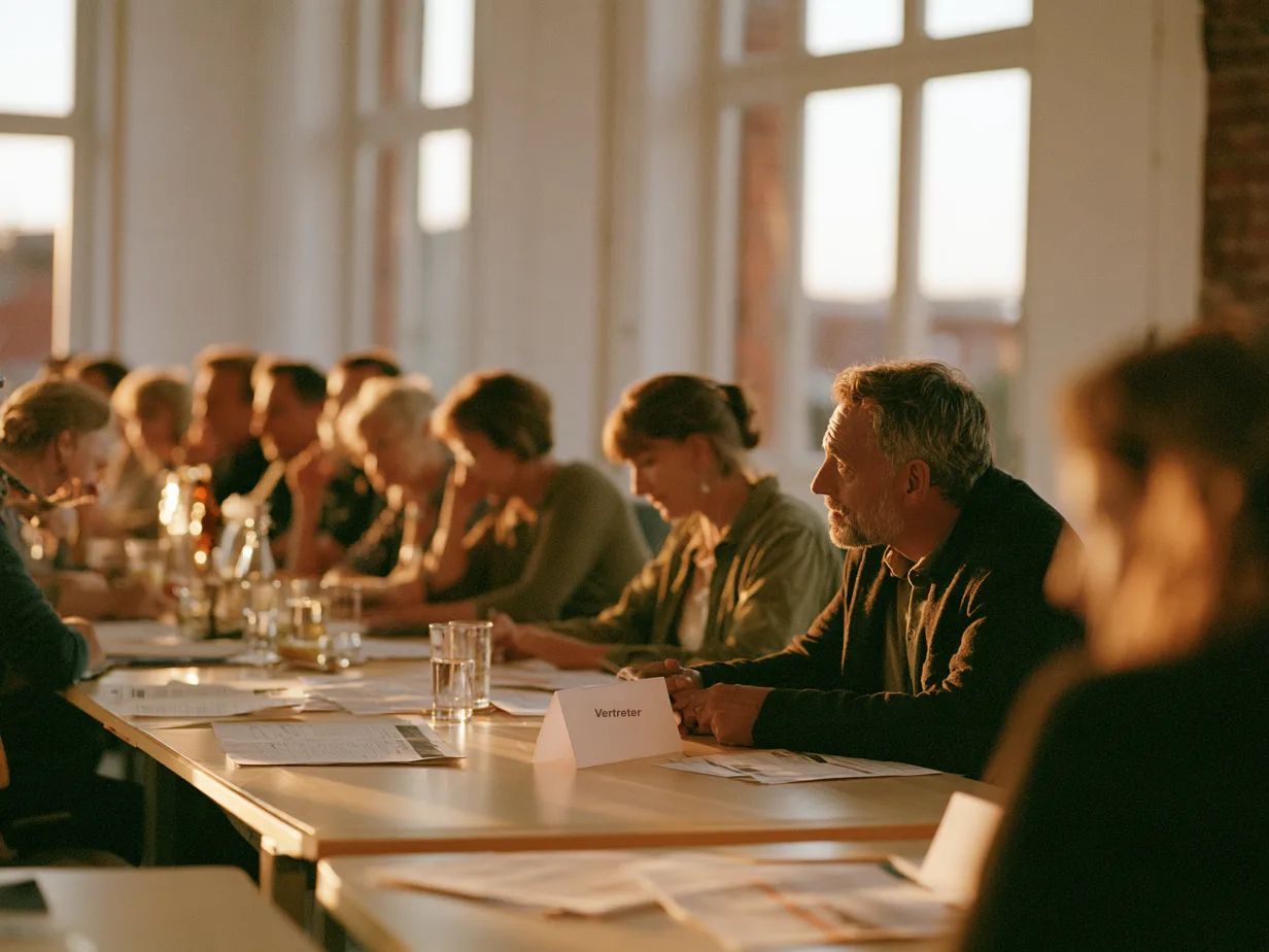Eigentümerversammlung an langen Tischen im Abendlicht, vor einem Teilnehmer ein Tischschild mit der Aufschrift Vertreter