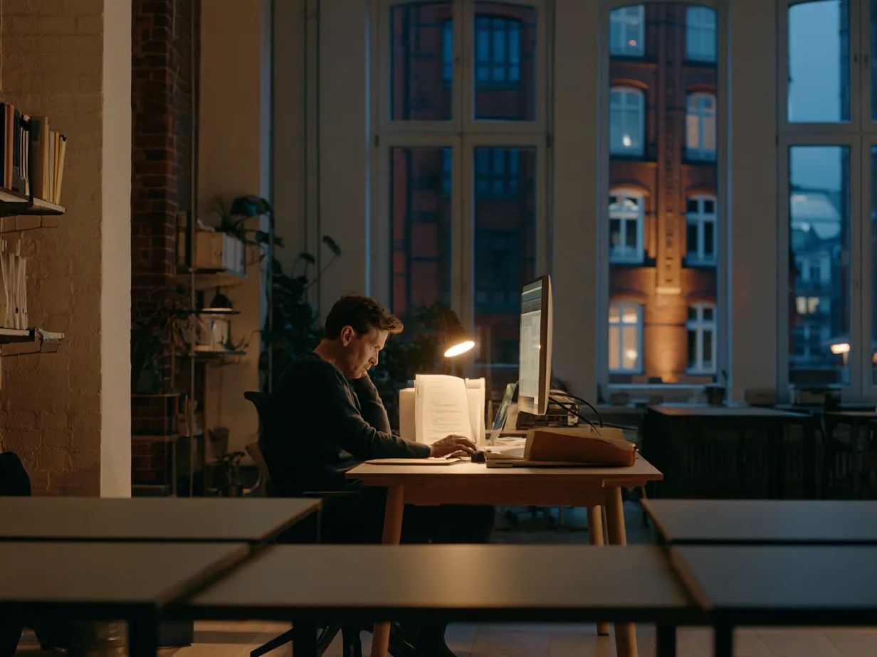 Mitarbeiter sichtet am Abend im Büro die Bewerbungsunterlagen von Mietinteressenten am Computer