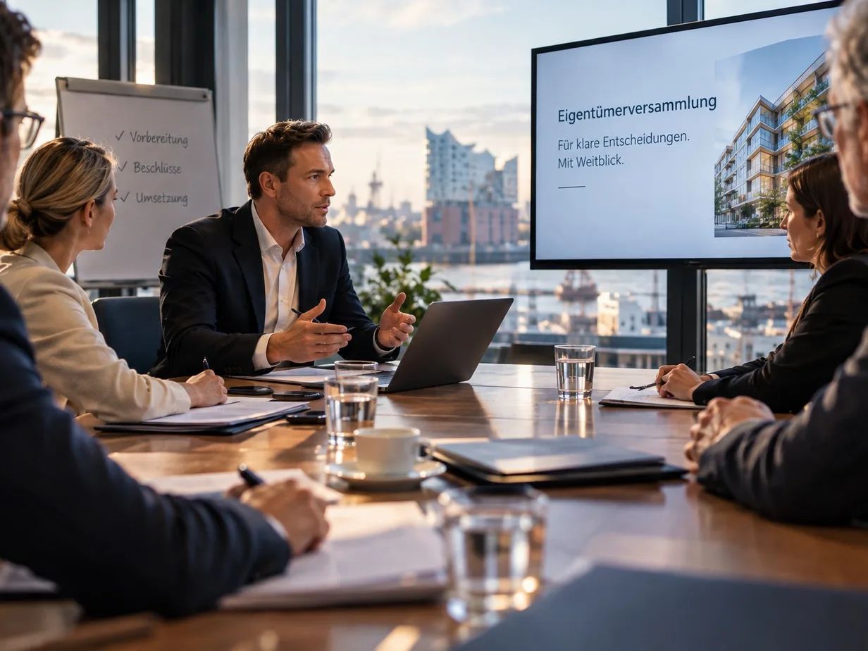 Verwalter erklärt Eigentümern am Besprechungstisch die Tagesordnung der Eigentümerversammlung, im Hintergrund Bildschirm, Flipchart und die Elbphilharmonie