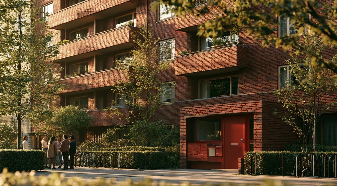 WEG-Verwaltung Hamburg: Bewohner im Gespräch vor einem Klinkerhaus mit Loggien und roter Eingangstür in der Abendsonne