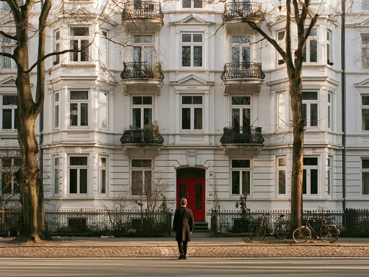 Weißes Hamburger Gründerzeit-Zinshaus mit roter Haustür, davor ein Eigentümer auf dem Gehweg